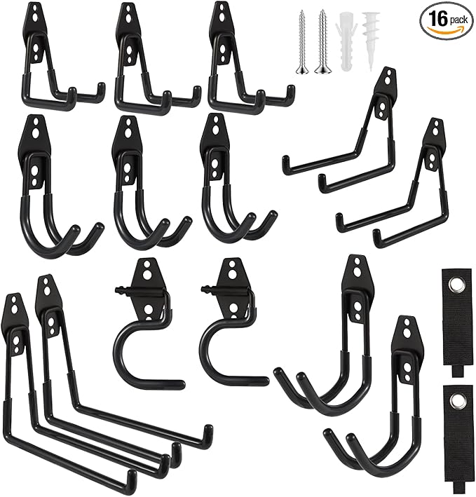 Garage Hook Heavy Duty Wall Storage Hangers, 16 Pack Garage Storage Hooks Steel Tool Organizer Black for Ladders, Ropes, Garden Tools