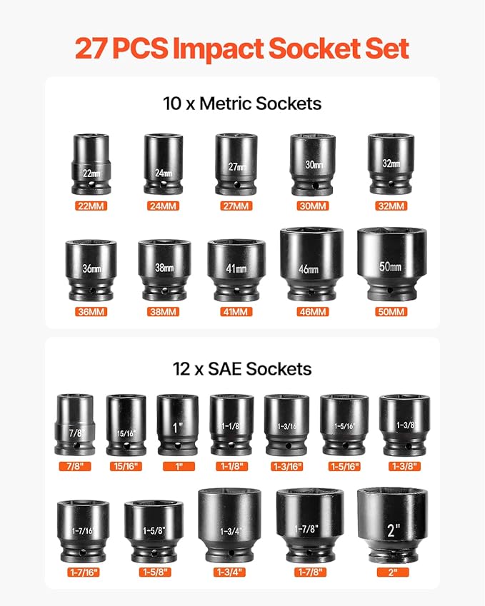 VEVOR Impact Socket Set, 3/4 Inches Socket Assortment, Drive Socket Set Impact Standard SAE (7/8 Inches to 2 Inches) & Metric Sizes (22 mm-50 mm), 27 Piece Standard Impact Sockets