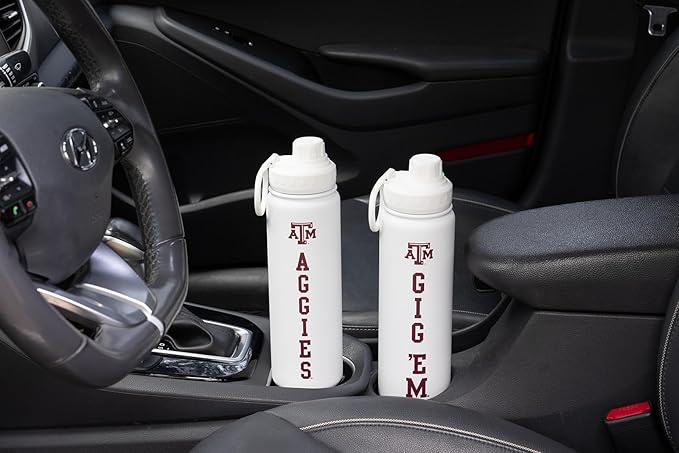 Texas A&M Gig Em Water Bottle - White Double Walled Stainless Steel 24 oz Keeps Drinks Cold or Hot