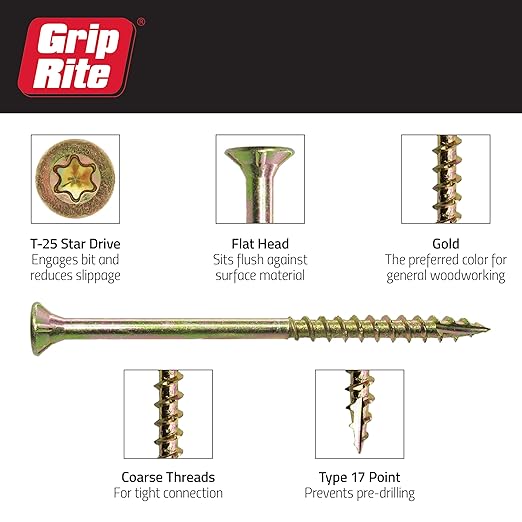 Grip-Rite 3GCS5#9 x 3,T25 Star Drive Gold Construction Wood Screw, 5lb Box