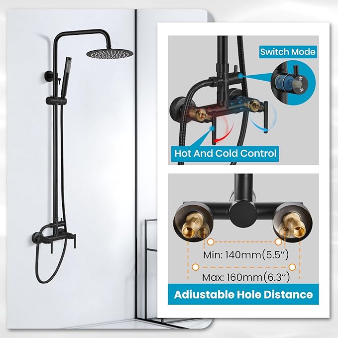 gotonovo Outdoor Shower Fixtures SUS304 Stainless Steel Rain Shower Kit Faucet High Pressure Wall Mount 2 Dual Function 8 Inch Showerhead and Handheld Spray Combo, Double Lever Handle, Matte Black