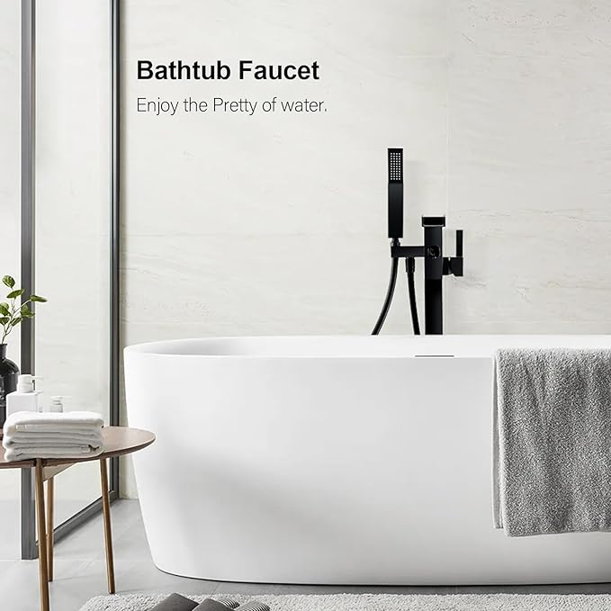BAGNOLUX Solid Brass Floor Mount Bathtub Faucet Free Standing Tub Faucet Freestanding Tub Filler Black with Hand Shower High Flow Rate Swivel Spout Set, YGSLT-Waterfall Black