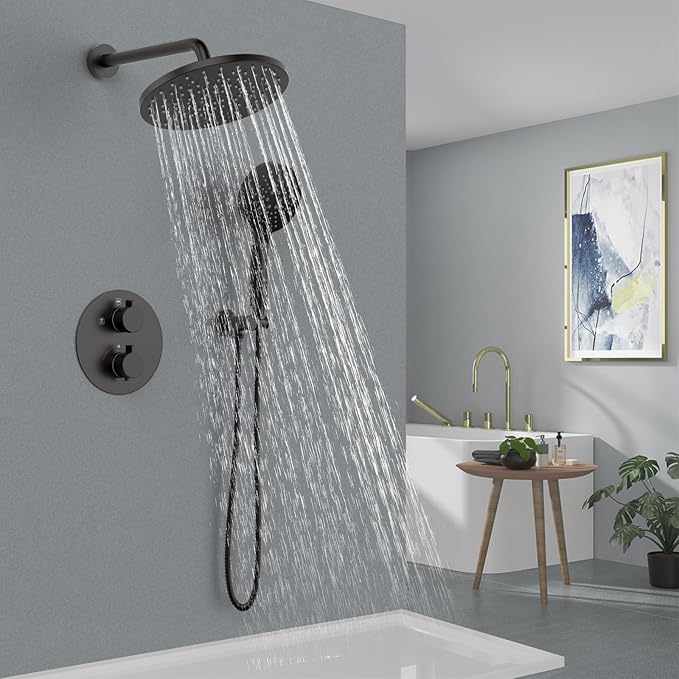 Iriber Thermostatic Shower System Wall Mount with 10 Inch Roud Rainfall Shower Head and Handheld,Shower Faucet Mixer Trim Kit (Valve Included),Matte Black