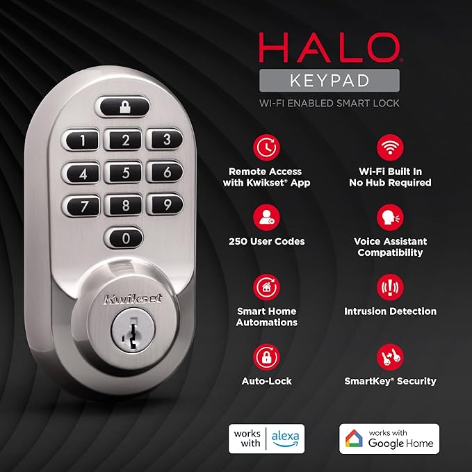 Kwikset Halo Wi-Fi Smart Lock, Keyless Entry Door Deadbolt, Geofence Auto-Unlock, Grade AAA Certified, No Hub Easy Install, Satin Nickel Lifetime Finish Warranty, Backlit Keypad