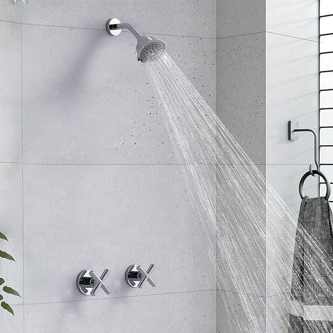 2 Handles Shower Faucet Set,Two Handles Shower Faucet Set with 3 Modes Rainfall Shower Head,2 Knobs Single Function Wall Mounted Shower Trim Kit with Rough-in Valve,Chrome,1A1MK-W
