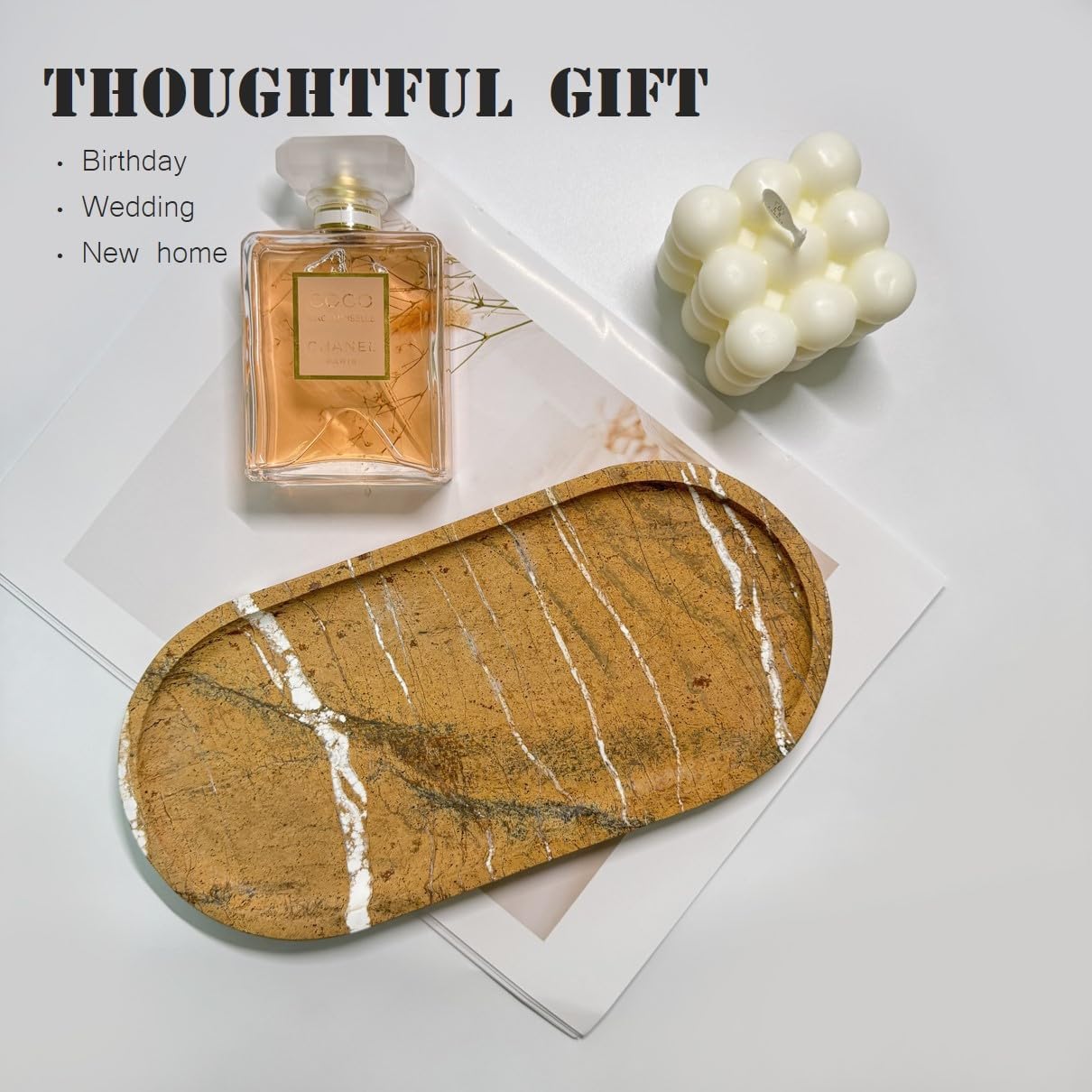 JINGJU Brown Rainforest Marble Oval Tray 10x5inches, Natural Stone Decorative Tray for Jewelry, Candle, Bathroom Counter, Coffee Table