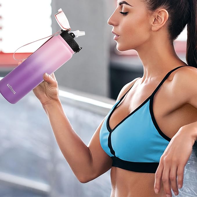 GOPPUS 32 oz Sports Water Bottle 1 Liter Double Wall Insulated Stainless Steel Water Bottles with Straw Lid Reusable Leak proof Metal water bottles with Strap Handle(Pink Purple 1 lid)