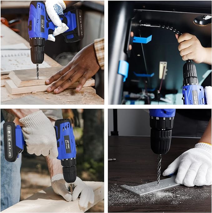 Jar-Owl 21V Cordless Drill, 350 in-lb Torque, 0-1350RMP Variable Speed, 10MM 3/8'' Keyless Chuck, 18+1 Clutch, 1.5Ah Li-Ion Battery & Charger for Home Tool Kit - Black & Blue