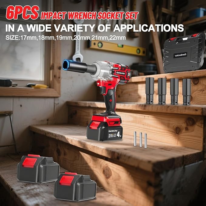 Cordless Impact Wrench 1/2 Inch, 21V Max Brushless, 450 Ft-lbs (600N.m) Max Torque, 3-Speed, w/ 4.0Ah Battery & Quick Charger, 6Pcs Impact Sockets - for Automotive Repair, Tire Changing, Home DIY