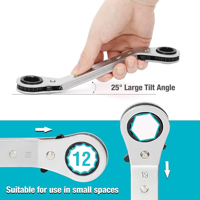 DURATECH 5 Pc Double Offset Box End Reversible Ratcheting Wrench Set Metric, Heavy-duty, Matte Chrome Plated, Ratchet Spanner Crooked for Narrow Spaces (6x8 mm, 10x12 mm, 13x14 mm, 15x17 mm, 19x21 mm)