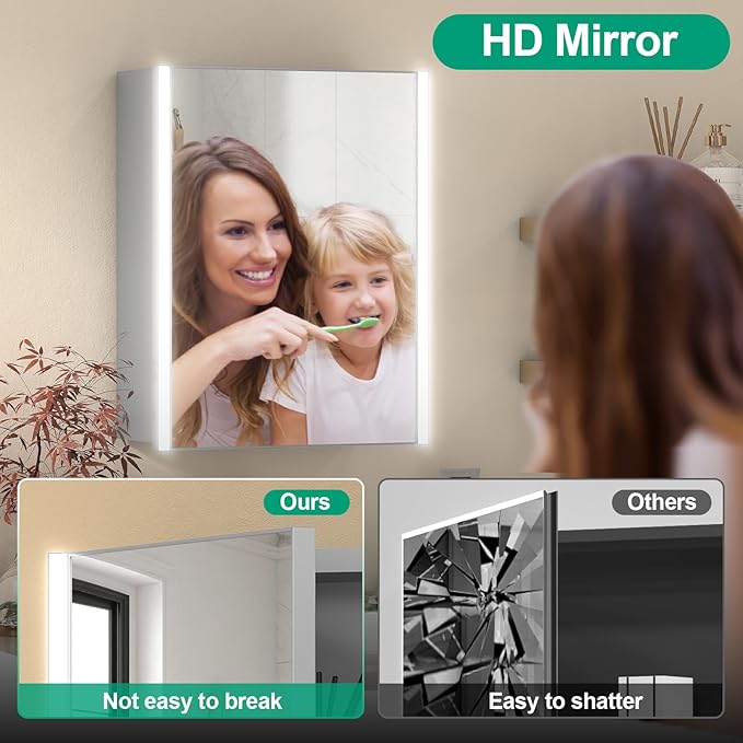 20x26 Inch Medicine Cabinet with LED Light Mirror, Brightneess Adjustable and Full-Assembled Bathroom Aluminum Cabinet with Storage, Surface or Recessed Tempered Cabinet, Farmhouse Sliver