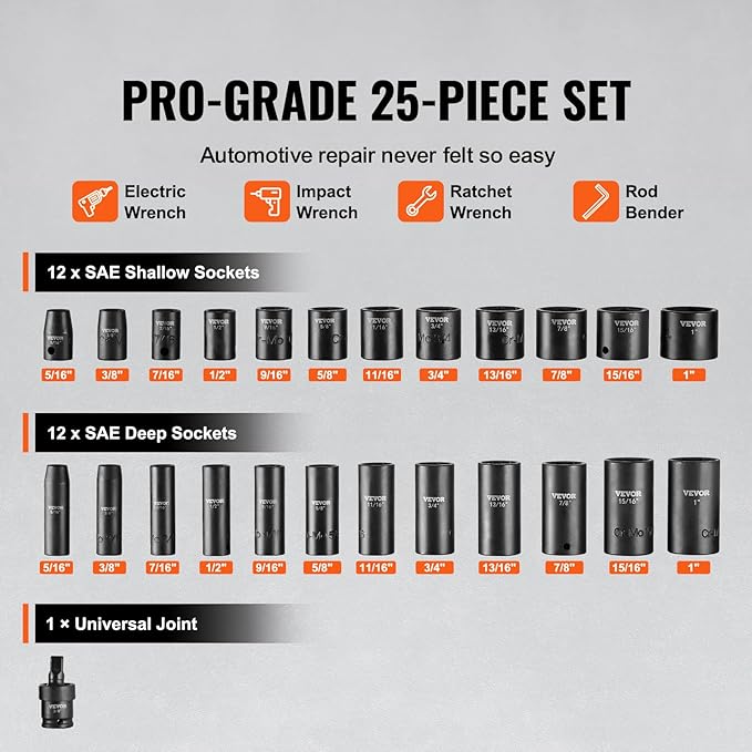 VEVOR 3/8" Drive Impact Socket Set, 25 Piece Deep & Shallow Socket Set SAE 5/16" - 1", 6 Point Cr-Mo Alloy Steel for Auto Repair, Easy-to-Read Size Markings, Rugged Construction, Includes Storage Case