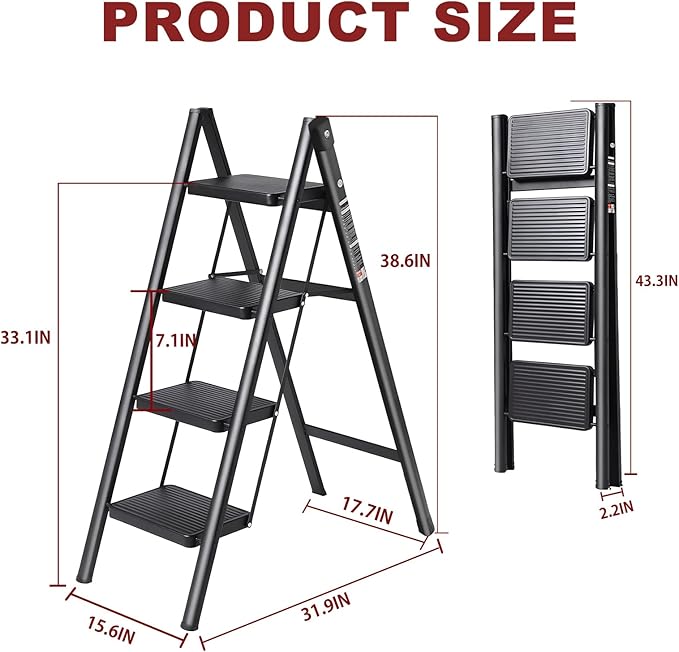 4 Step Ladder with Anti-Slip and Wide Pedal 220 lbs Capacity Folding Step Ladder for Household Kitchen Office(P-Black, 4 Step Ladder)