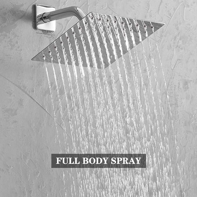 Single Function Shower Trim Kit with Rough-in Valve, Bathroom Rain Shower Set Rainfall Shower Faucet System with Square Stainless Steel Metal Shower Head, Polished Chrome