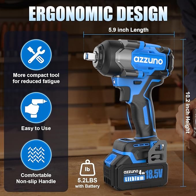 AZZUNO Impact Wrench Max 737 Ft-lbs(1000N.m) 1/2 inch Brushless High Torque Electric Impact Wrench, Powerful Cordless Impact Driver with 2x4Ah Batteries, 4 Sockets and Charger for Home Car Truck Tire