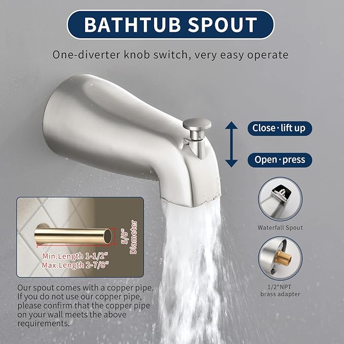 2 Handle Shower Faucet Set with Tub Spout Bathtub Shower Faucet Combo Set Shower System Complete Tub and Shower Trim Kit Wall Mounted Shower Fixtures Brushed Nickel