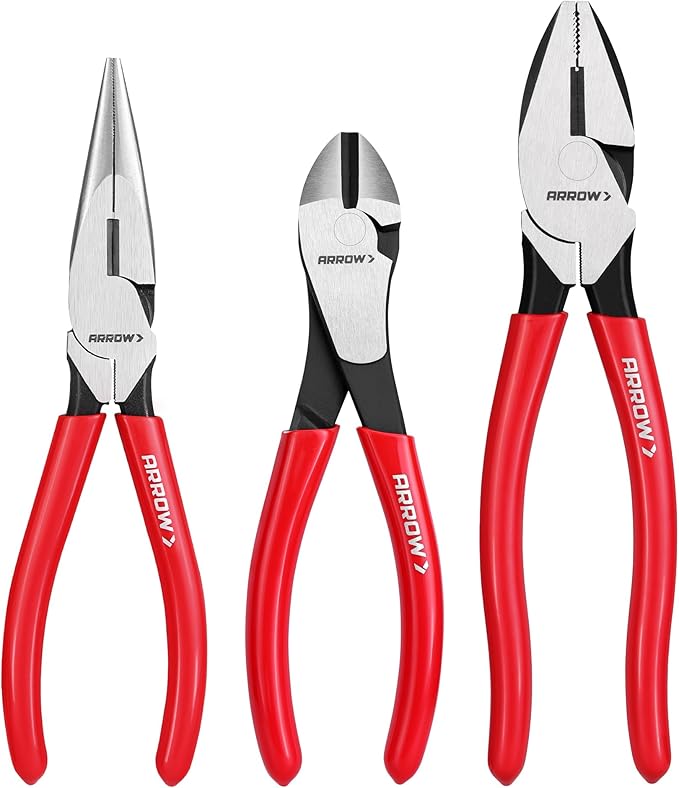 ARROW 3PCS Pliers Set, 8" Needle Nose Pliers, 7" Diagonal Plier, 8" Linesman with Non-slip Handle, Premium Carbon Steel, High Leverage Design