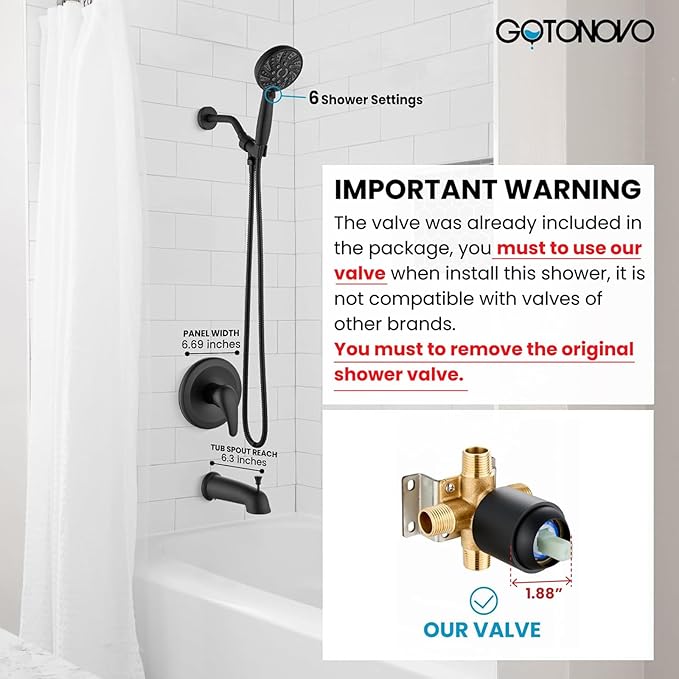 gotonovo Bathroom Shower Head Kit High Pressure Combo System Shower Faucet 6 Modes ABS Handheld Spray Shower Trim Kit Valve Included Shower Head and Handle Set Matte Black