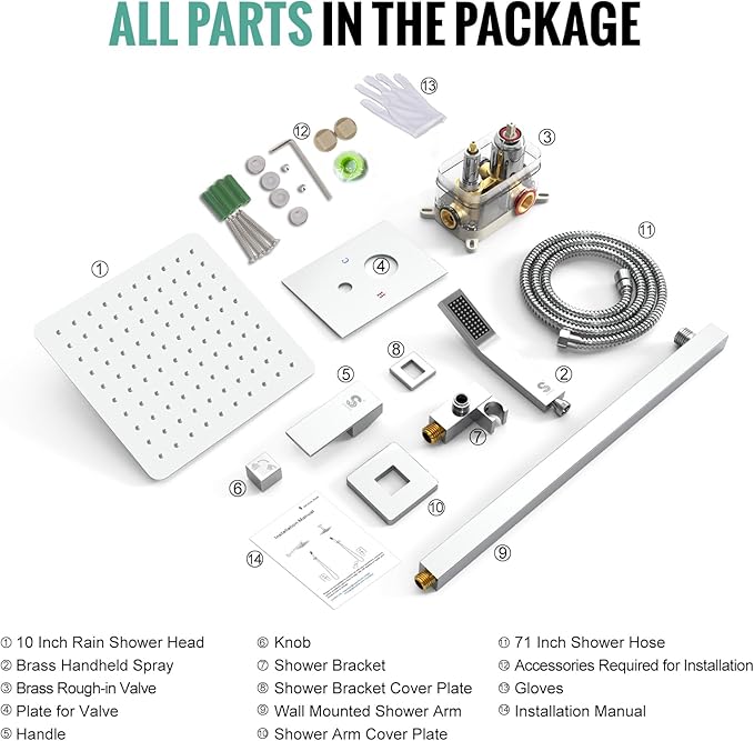 SR SUN RISE SRSH-F5043 Bathroom Luxury Rain Mixer Combo Set Wall Mounted Rainfall Shower Head System Polished Chrome, (Contain Faucet Rough-in Valve Body and Trim)