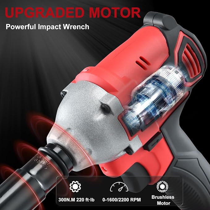 AOBEN Cordless Impact Wrench 1/2 inch,21V 300N.m Brushless Impact Gun with 2X 4.0Ah Battery,Charger & 6 Sockets,Electric Impact Wrench for Car Home (2 battery)