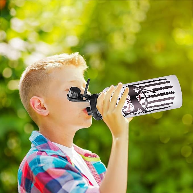 Cutiset 32 oz Baseball Water Bottle with Lids, Stainless Steel Leak Proof Sports Water Flask, Vacuum Metal Water Bottle,Baseball Player