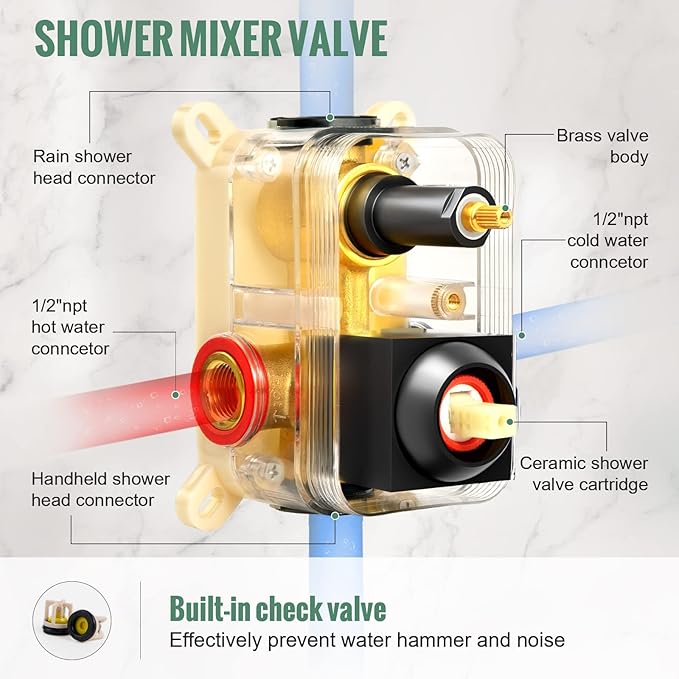 SunCleanse Rainfall Shower System Matte Black Ceiling Mounted Shower System Combo Set with High Pressure 12 Inches Square Rain Shower Head Handheld and Shower Faucet Rough-in Mixer Valve and Trim