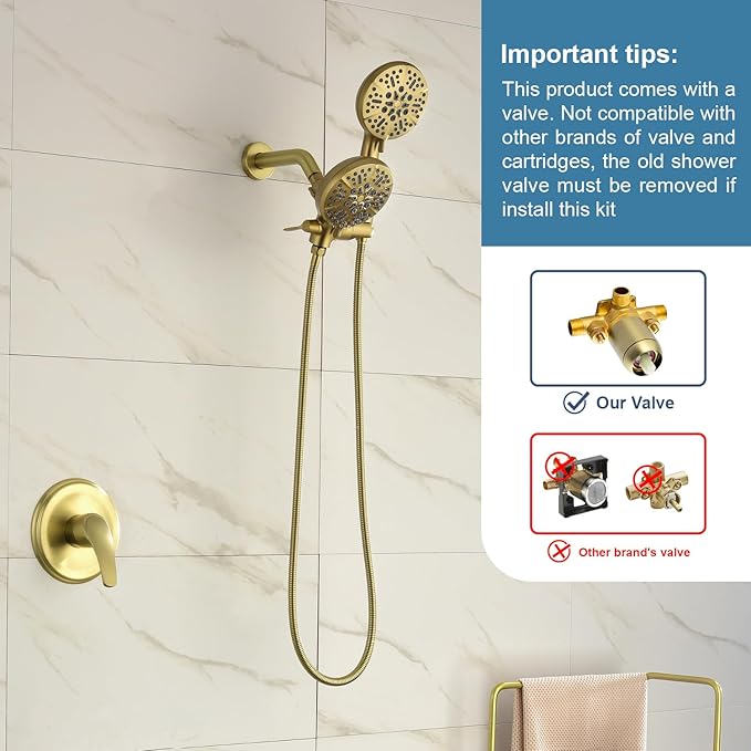 Dual Shower Faucet Set with Valve High Pressure Dual 2 in 1 Shower Combo Set Shower System with Handheld Showerhead 3-way Water Diverter Shower Trim Kit Brushed Gold