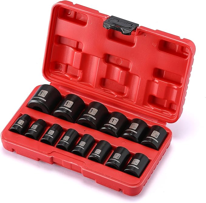 MIXPOWER 14 Pieces 1/2-Inch Drive Shallow Impact Socket Set, 3/8-Inch to 1-1/4 Inch, CR-V, SAE, 6 Point, Shallow, 14 Pieces 1/2" Dr. Shallow Socket