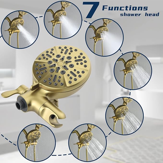 Dual Shower Faucet Set with Valve High Pressure Dual 2 in 1 Shower Combo Set Shower System with Handheld Showerhead 3-way Water Diverter Shower Trim Kit Brushed Gold