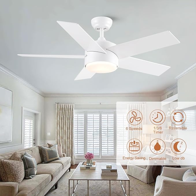 44 inch White Ceiling Fan with Lights and Remote Control, Dimmable Ceiling Fans with Lights,3-Color, Quiet Reversible 6-Speed, Wood Modern Ceiling Fan for Bedroom, Living Room, Dining Room