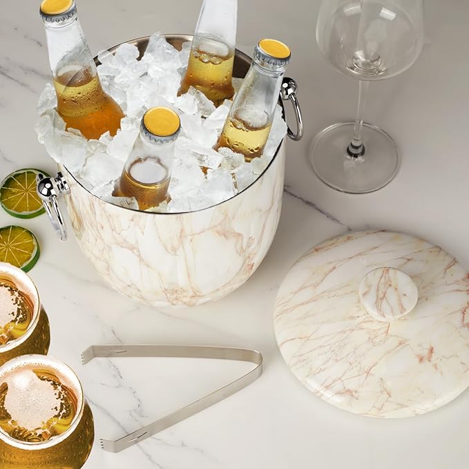 Ice Bucket with Lid, 3L Diamond Bottom Design Double Wall Stainless Steel Insulated Ice Bucket, Champagne Bucket, Wine Bucket for parties, cocktail bar, Marble