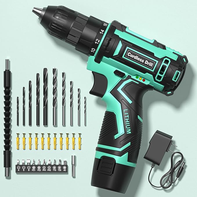 Cordless Drill Set,12V Power Drill Driver 3/8" Keyless Chuck with 42 Acessories, Built-in LED Light, 25+1 Position, Electric Drill for Home DIY Projects(Cyan)