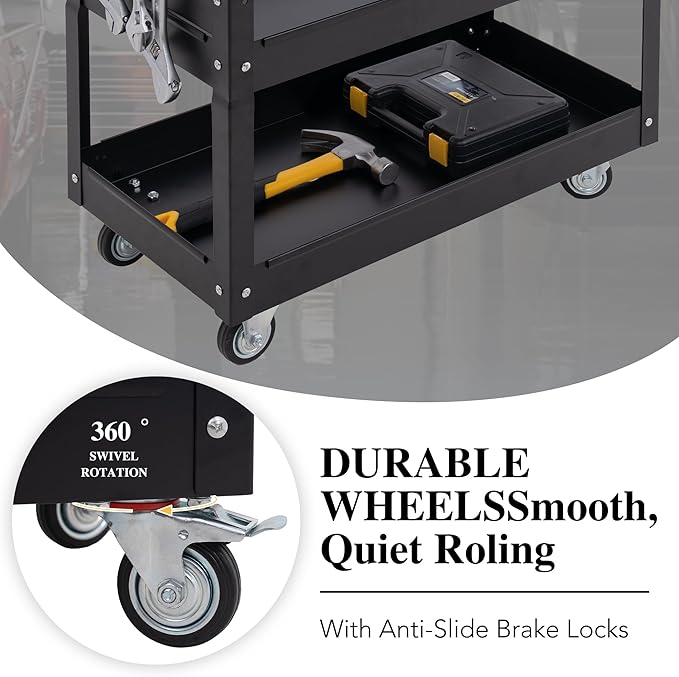 Rolling Tool Cart with Wheels, 3 Tier Black Tool Box Tool Chest with Drawers Universal Lockable Wheels, Utility Service Cart Adjustable Shelf and Locking Mechanism, for Workshop, Repair Shop