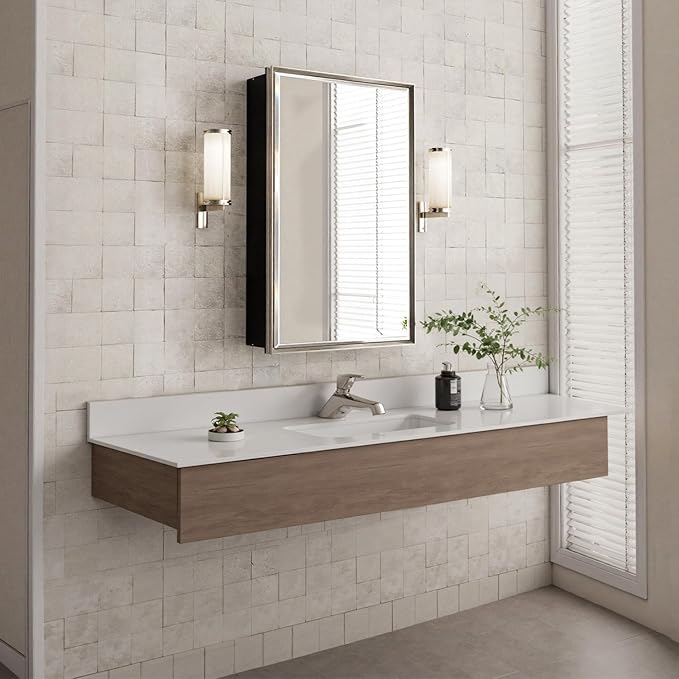 Brushed Nickel Medicine Cabinet, 16''x 26'' Recessed or Surface Framed Medicine Cabinet with Beveled Mirror Pre-Assembled, Reversible Bathroom Storage Vanity Cabinet with Adjustable Shelves