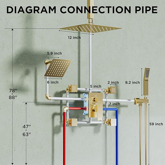 Shower Systems with 4 Body Spray Jets, STARBATH 4 Way 12+6" Rainfall Shower Head with Handheld Combo, Ceiling Mounted Shower Jets System in Wall Shower Faucet Sets Complete,Brushed Gold