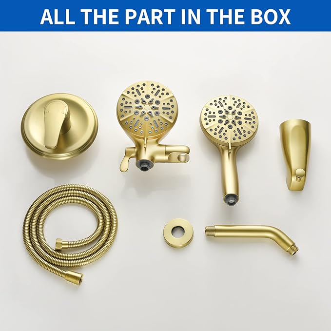 Dual Shower Faucet Set with Tub Spout Tub and Shower Faucet Set Complete Dual Shower Head and Handheld Combo Shower System with Tub Spout Tub and Shower Trim Kit Brushed Gold