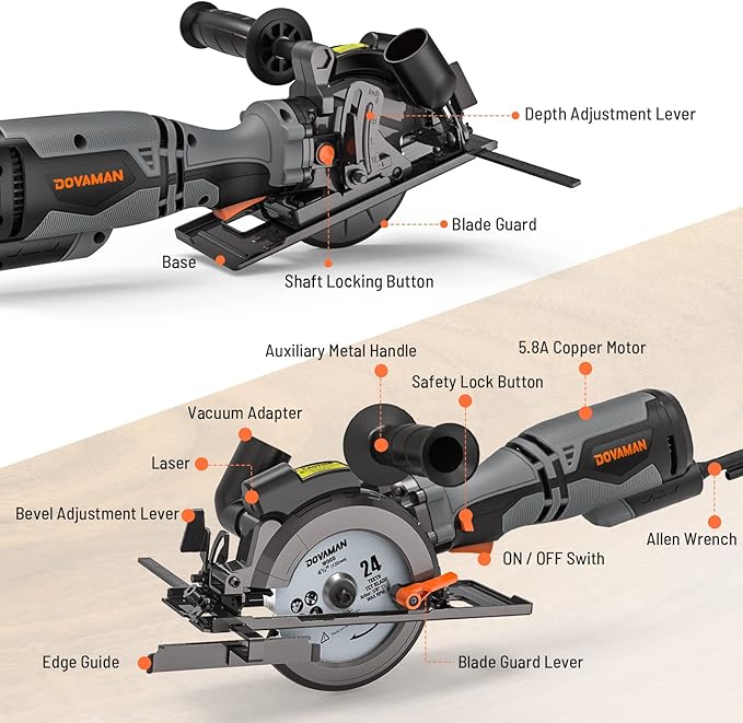 Circular Saw, 5.8A 4-1/2" Circular Saw w/Laser, Metal Auxiliary Handle, 6 Blades (4½", 4¾"), Cutting Depth 1-11/16" (90°), 1-3/8" (45°), Ideal for Wood, Soft Metal, Plastic, Tile - MCS01A