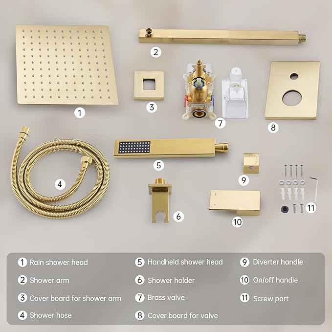 Alesco Shower Faucet Set, Gold Shower System with 12-Inch High-Pressure Rainfall Showerheads and Handheld Spray combo, Showerfixture Include Valve and Trim Kit, Brushed Gold