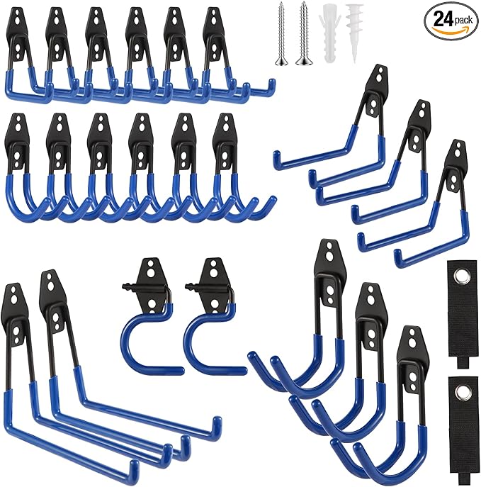 Garage Hook Heavy Duty Wall Storage Hangers, 24 Pack Garage Storage Hooks Steel Tool Blue for Ladders, Ropes, Garden Tools