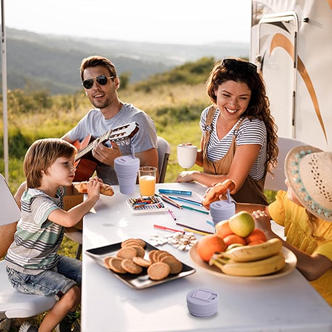 collapsible cup with Straw, Kids Insulated collapsible cups for traveling Leakproof Cup, Portable 350ml Foldable Travel Straw camping cup for Picnic,Hiking,Sports,Camping,Biking (purple)