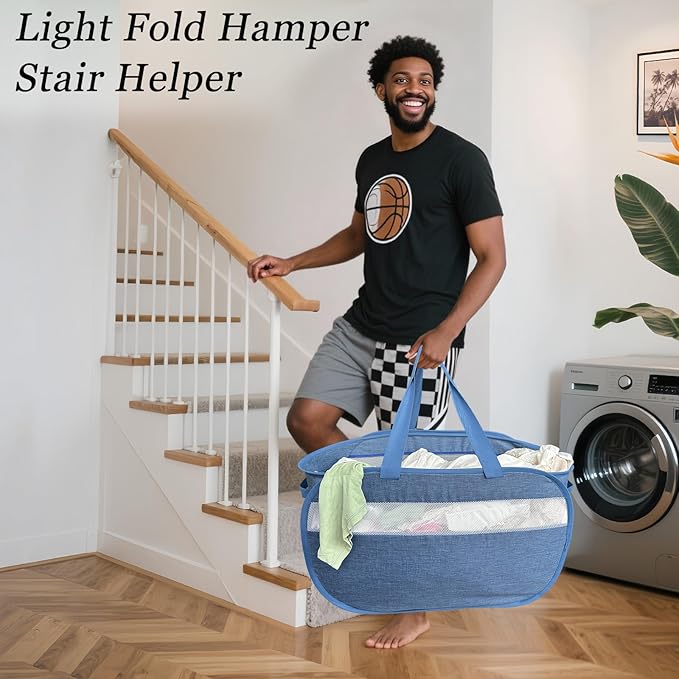 100L Mesh Pop Up Laundry Hampers with Handles, Extra Large Collapsible Laundry Baskets 2 Pack, Portable Travel Laundry Basket, Dirty Clothes Hamper Light Breathable, Bule. 2H