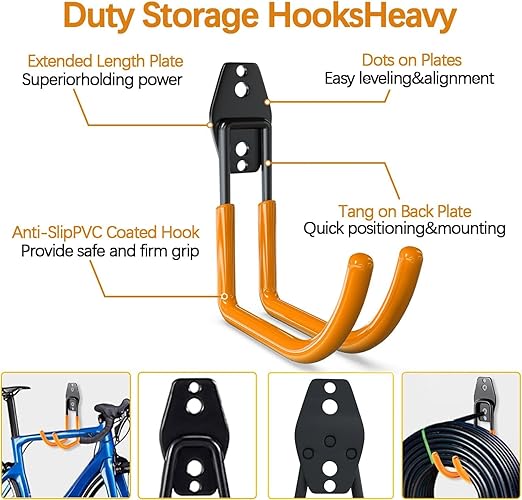 3-H Garage Wall Hooks 62 Pack, Heavy Duty Garage Hooks with Extra Welding Spots, Wall Mount Storage Organizer for Hanging Garden Lawn Tools, Ladder, Bike, WeedEater, Chair, Shovel, Blower (Orange)
