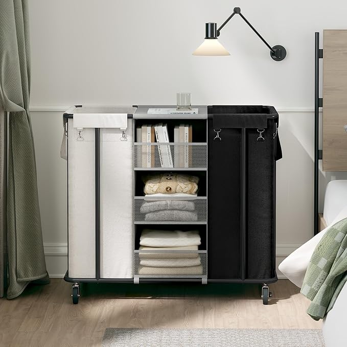 WOWLIVE Laundry Sorter 2 Section 200L Rolling Laundry Hamper with Hanging and Removable Bags Laundry Cart with Steel Frame and Storage Unit Large Basket Organizer for Dorm, Bathroom (Beige and Black)