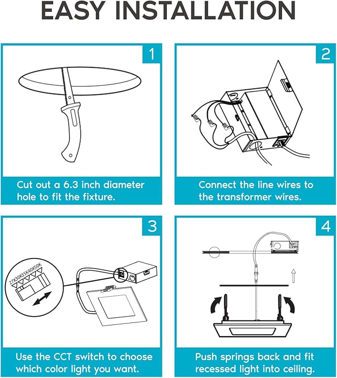 LUXRITE 6 Inch Ultra Thin Square LED Recessed Lighting, 5 Color Temperature Options 2700K - 5000K, Dimmable LED Downlight, 12W, IC & Wet Rated, 1000 Lumens, Canless LED Recessed Light, ETL (4 Pack)