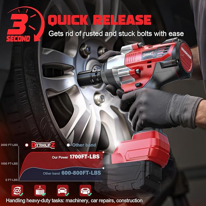 Cordless Impact Wrench 1/2 inch Compatible with Milwaukee 18v Battery, 1700 Ft-lbs High Torque Impact Driver, Brushless Electric Impact Gun with 4 Modes & LED Light for Car, Truck, Mower(Bare Tool)