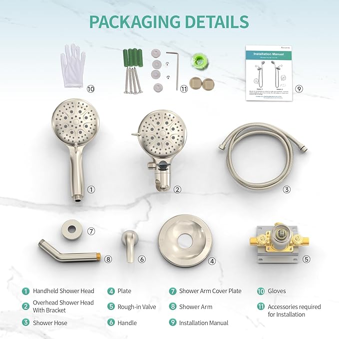 SR SUN RISE Shower System with Handheld Shower and Rain Shower Combo Set High Pressure 5-spray Dual 2 in 1 Shower Faucet Patented 3-way Diverter Brushed Nickel (Valve Include)