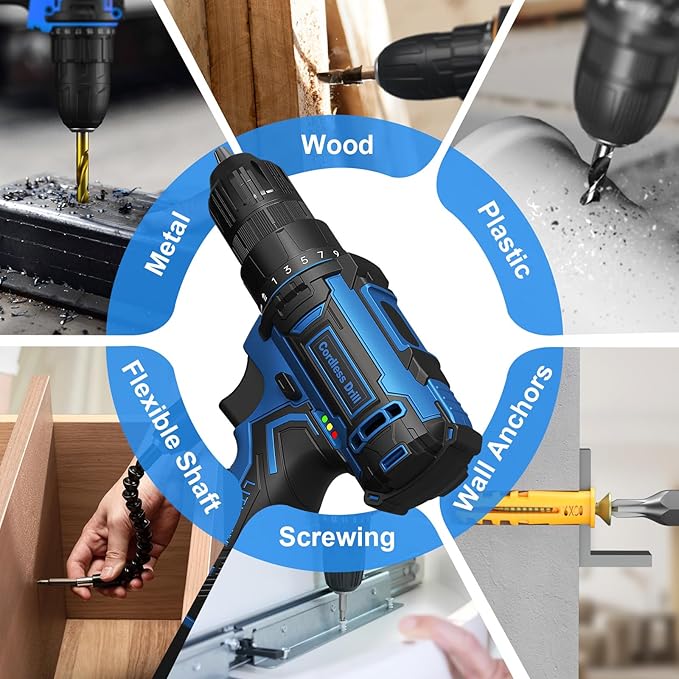 Cordless Drill Set,12V Power Drill Driver 3/8" Keyless Chuck with 42 Acessories, Built-in LED Light, 25+1 Position, Electric Drill for Home DIY Projects(Blue)