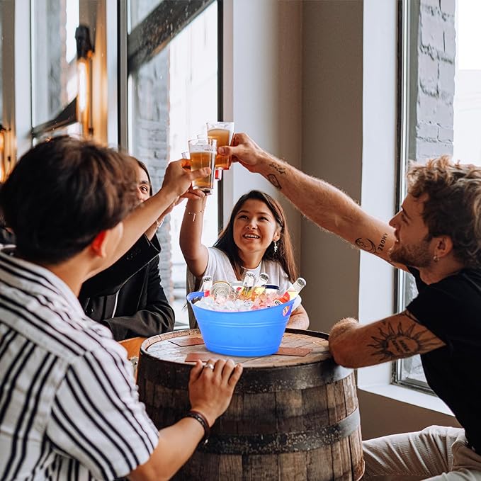 8Pcs Ice Bucket, Plastic Ice Buckets for Parties, Drink Buckets with Handles Beverage Buckets Oval Storage Plastic Tub for Wine Beer Champagne Bottles, 4.3Liter (Blue)