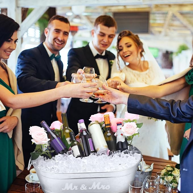 2 Pcs Wedding Mr and Mrs 5.5 Gallons Galvanized Beverage Stainless Steel Ice Buckets Tubs with Handles, Large Drink Wine Cooler Bins for Parties Farmhouse Garden Bar Christmas (Mr and Mrs)