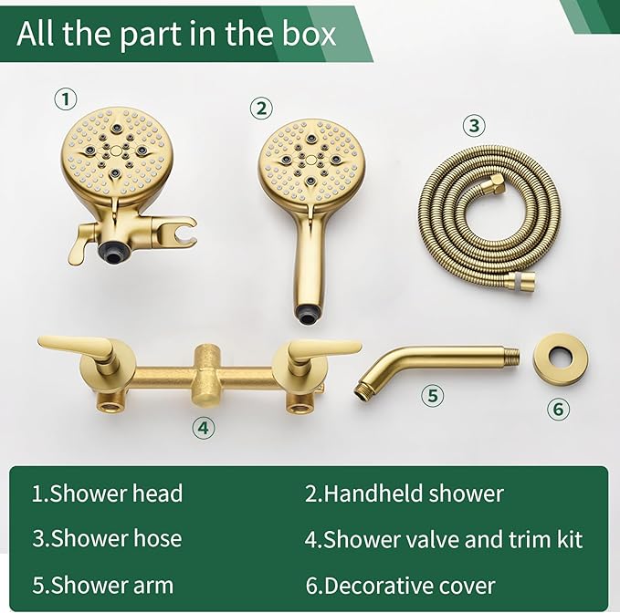 2 Handle Shower Faucet Shower System Complete 2 in 1 Shower Combo Set with Handheld Showerhead Shower Trim Kit Two Handle Shower Fixtures Brushed Gold